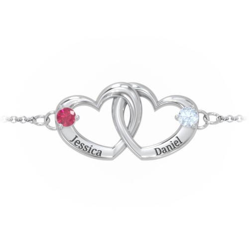 Interlocking Heart Promise Bracelet with Two Stones – Sterling Silver with Ruby and Aquamarine