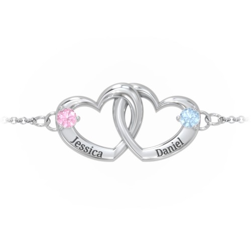 Interlocking Heart Promise Bracelet with Two Stones – Sterling Silver with Pink Tourmaline and Blue Topaz