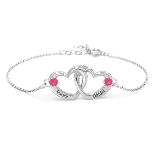 Interlocking Heart Promise Bracelet with Two Stones – Sterling Silver with Ruby