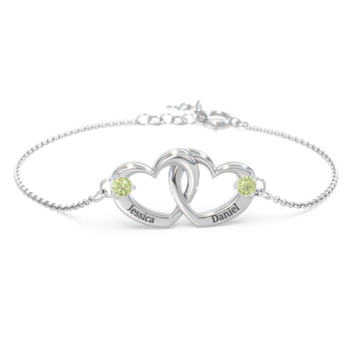 Interlocking Heart Promise Bracelet with Two Stones – Sterling Silver with Peridot
