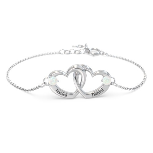 Interlocking Heart Promise Bracelet with Two Stones – Sterling Silver with Opal