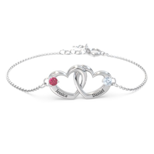 Interlocking Heart Promise Bracelet with Two Stones – Sterling Silver with Ruby and Aquamarine