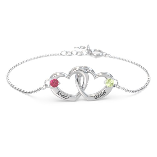 Interlocking Heart Promise Bracelet with Two Stones – Sterling Silver with Ruby and Peridot