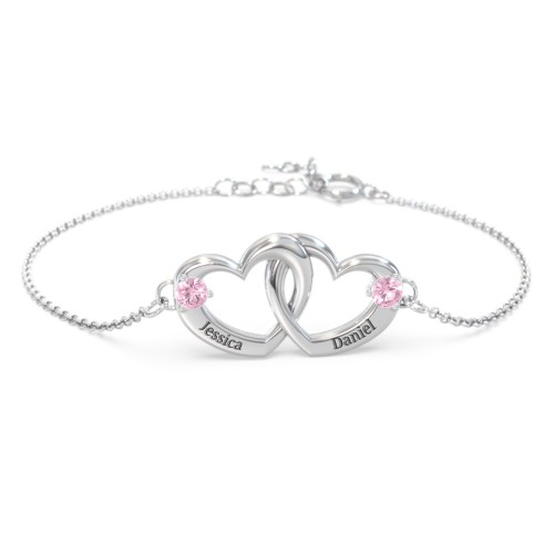 Interlocking Heart Promise Bracelet with Two Stones – Sterling Silver with Pink Tourmaline