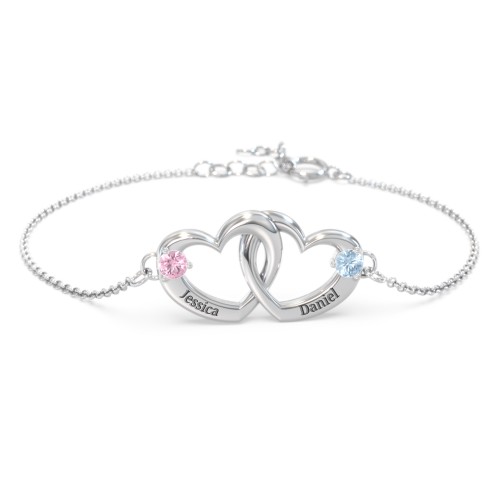 Interlocking Heart Promise Bracelet with Two Stones – Sterling Silver with Pink Tourmaline and Blue Topaz