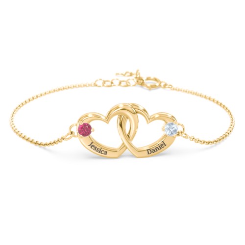 Interlocking Heart Promise Bracelet with Two Stones – 9kt Yellow Gold with Ruby and Aquamarine