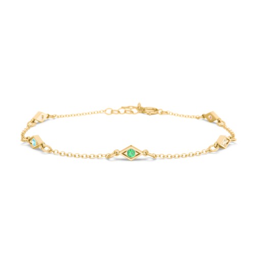 Diamond Shape Charm Bracelet with Gemstones – 18K Gold Plated Silver with Amethyst, Mint Premium Zirconia, Emerald, Citrine, and Garnet