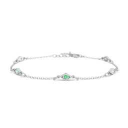 Diamond Shape Charm Bracelet with Gemstones in 925 Sterling Silver with Amethyst, Mint Premium Zirconia, Emerald, Citrine, and Garnet
