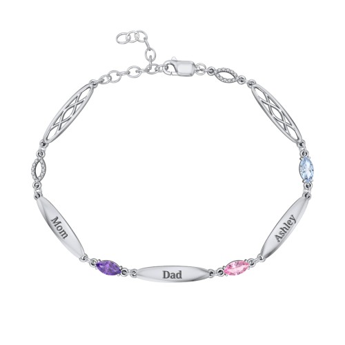 Engravable Family Bracelet with Marquise Birthstones (1-5 Stones) – Sterling Silver with Amethyst, Pink Tourmaline, and Aquamarine