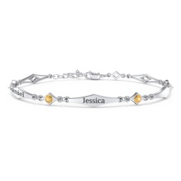 Engravable Modern Family Bracelet with Round Birthstones (1-5 Stones) in 925 Sterling Silver with Citrine, Garnet, and Blue Topaz