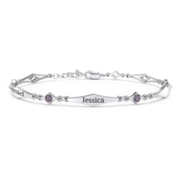 Engravable Modern Family Bracelet with Round Birthstones (1-5 Stones) in 925 Sterling Silver with Alexandrite, Garnet, and Blue Topaz