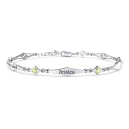 Engravable Modern Family Bracelet with Round Birthstones (1-5 Stones) in 925 Sterling Silver with Peridot, Garnet, and Blue Topaz