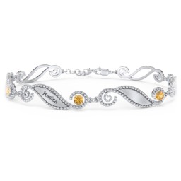 Engravable Beaded Family Bracelet with Round Birthstones (1-6 Stones) in 925 Sterling Silver with Citrine, Fancy Blue Premium Zirconia, Pink Tourmaline, and Emerald
