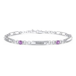 Engravable Classic Family Bracelet with Round Birthstones (1-5 Stones) in 925 Sterling Silver with Amethyst, Peridot, and Blue Topaz