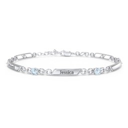 Engravable Classic Family Bracelet with Round Birthstones (1-5 Stones) in 925 Sterling Silver with Aquamarine, Peridot, and Blue Topaz