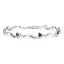 Engravable Milgrain Family Bracelet with Heart Birthstones (1-7 Stones) in 925 Sterling Silver