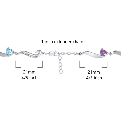 Engravable Milgrain Family Bracelet with Heart Birthstones (1-7 Stones) – Sterling Silver with Amethyst, Emerald, and Ruby