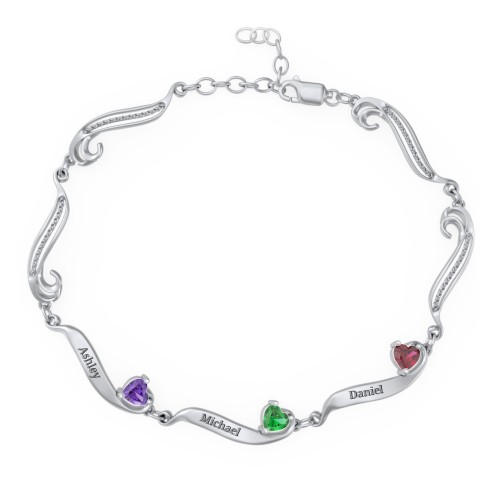 Engravable Milgrain Family Bracelet with Heart Birthstones (1-7 Stones) – Sterling Silver with Amethyst, Emerald, and Ruby
