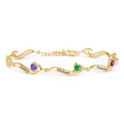 Engravable Milgrain Family Bracelet with Heart Birthstones (1-7 Stones) in 9K Solid Yellow Gold with Amethyst, Emerald, Ruby, Peridot, Blue Topaz, and Pink Tourmaline