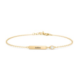 Engravable Bar Bracelet with Bezel Set Stone in 18K Gold Plated Silver with Aquamarine