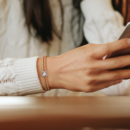 Engravable Sterling Silver Framed Heart Leather Bracelet