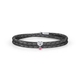 Engravable Sterling Silver Heart & Gemstone Leather Bracelet in 925 Sterling Silver with Red Premium Zirconia