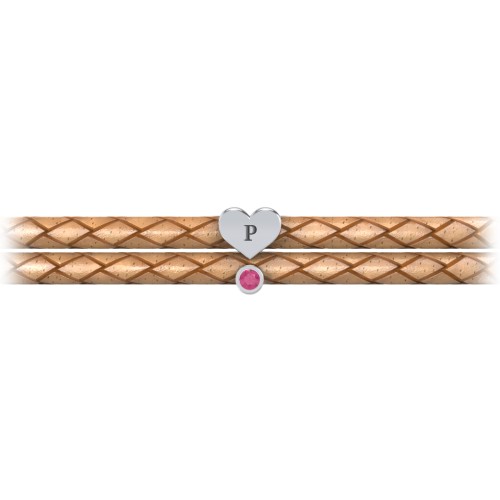 Engravable Sterling Silver Heart & Gemstone Leather Bracelet – Sterling Silver with Ruby