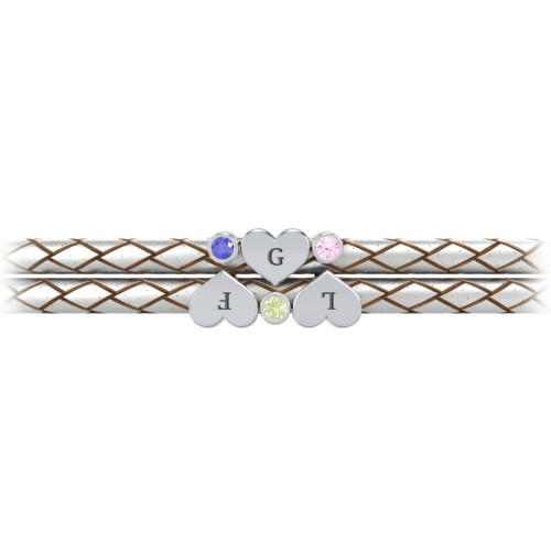 Engravable Sterling Silver Heart & Gemstone Leather Bracelet -3 – Sterling Silver with Blue Sapphire, Peridot, and Pink Tourmaline