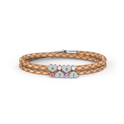 Engravable Sterling Silver Heart & Gemstone Leather Bracelet - 4 in 925 Sterling Silver with Ruby, Fancy Pink Premium Zirconia, Amethyst Premium Zirconia, and Blue Topaz
