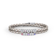 Engravable Sterling Silver Heart & Gemstone Leather Bracelet - 5 – Sterling Silver with Ruby, Pink Tourmaline, Amethyst, Cubic Zirconia, and Blue Sapphire