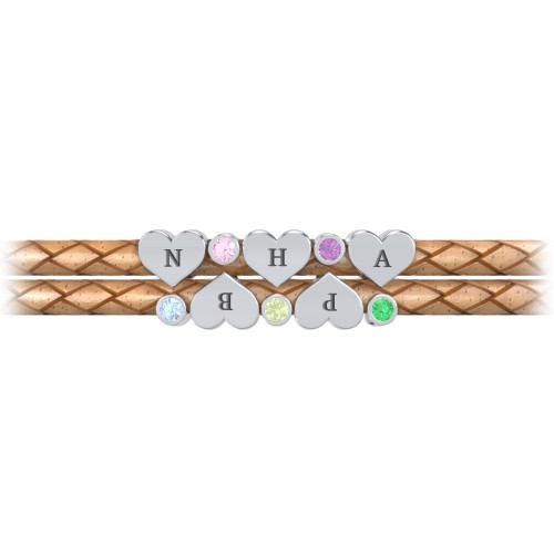 Engravable Sterling Silver Heart & Gemstone Leather Bracelet - 5 – Sterling Silver with Blue Topaz, Pink Tourmaline, Peridot, Amethyst, and Emerald