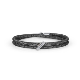 Engravable Sterling Silver Bar & Baguette Leather Bracelet in 925 Sterling Silver with Smokey Quartz