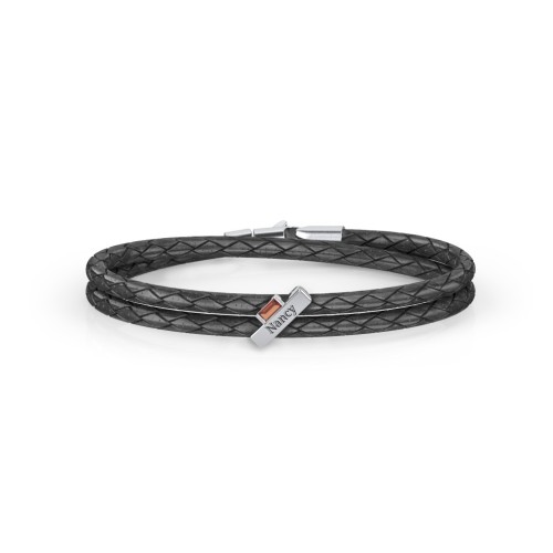 Engravable Sterling Silver Bar & Baguette Leather Bracelet – Sterling Silver with Garnet