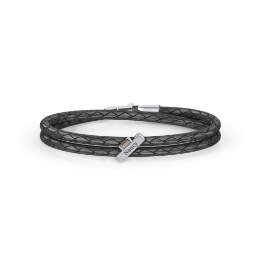 Engravable Sterling Silver Bar & Baguette Leather Bracelet – Sterling Silver with Smokey Quartz