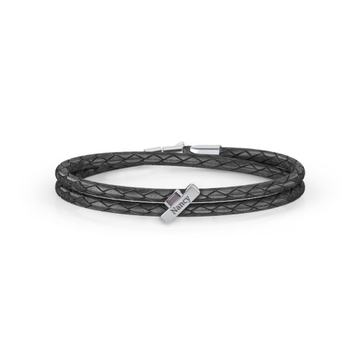 Engravable Sterling Silver Bar & Baguette Leather Bracelet – Sterling Silver with Alexandrite