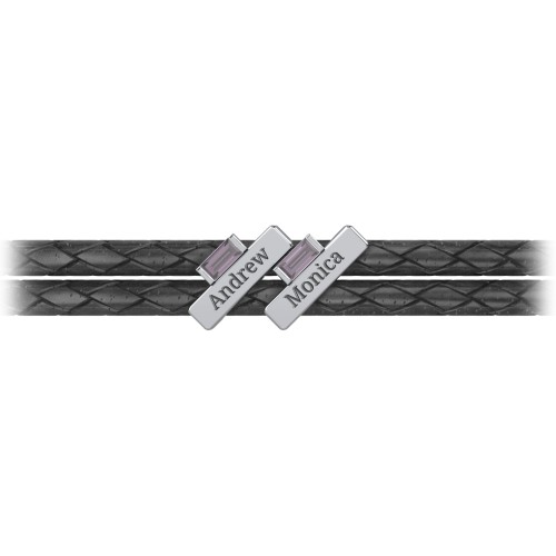 Engravable Sterling Silver Bar & Baguette Leather Bracelet - 2