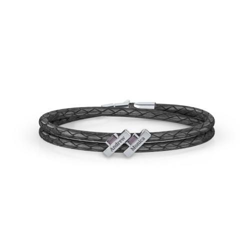 Engravable Sterling Silver Bar & Baguette Leather Bracelet - 2