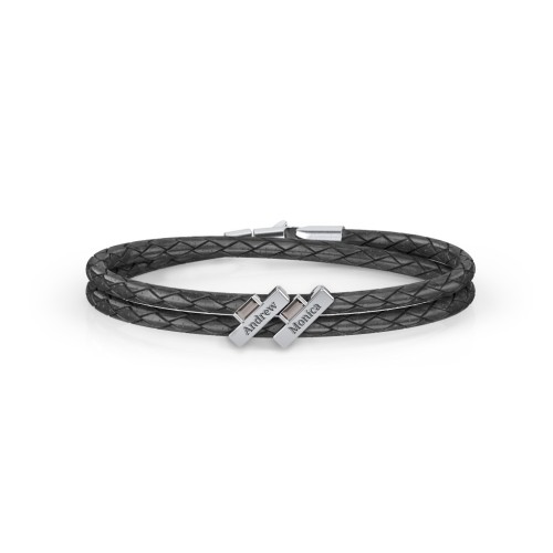 Engravable Sterling Silver Bar & Baguette Leather Bracelet - 2 – Sterling Silver with Smokey Quartz