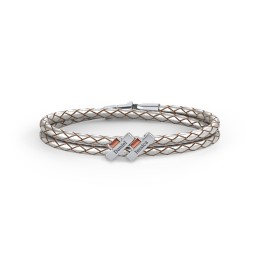 Engravable Sterling Silver Bar & Baguette Leather Bracelet - 2 in 925 Sterling Silver with Garnet
