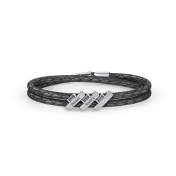 Engravable Sterling Silver Bar & Baguette Leather Bracelet - 3 in 925 Sterling Silver with Alexandrite