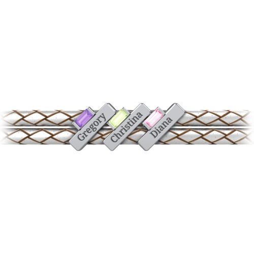 Engravable Sterling Silver Bar & Baguette Leather Bracelet - 3 – Sterling Silver with Amethyst, Peridot, and Pink Tourmaline