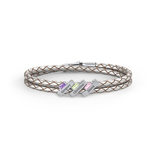 Engravable Sterling Silver Bar & Baguette Leather Bracelet - 3 – Sterling Silver with Amethyst, Peridot, and Pink Tourmaline