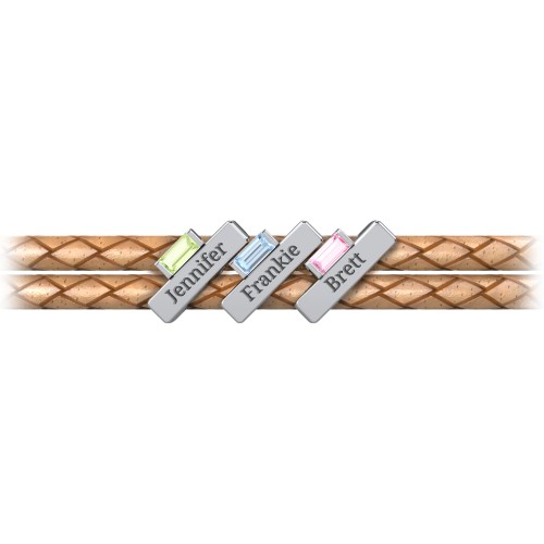 Engravable Sterling Silver Bar & Baguette Leather Bracelet - 3 – Sterling Silver with Peridot, Blue Topaz, and Pink Tourmaline
