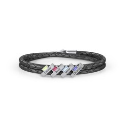 Engravable Sterling Silver Bar & Baguette Leather Bracelet - 4 – Sterling Silver with Peridot, Ruby, Blue Topaz, and Blue Sapphire