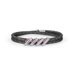 Engravable Sterling Silver Bar & Baguette Leather Bracelet - 4 in 925 Sterling Silver with Ruby