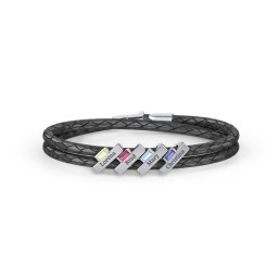 Engravable Sterling Silver Bar & Baguette Leather Bracelet - 4 in 925 Sterling Silver with Peridot, Ruby, Blue Topaz, and Blue Sapphire
