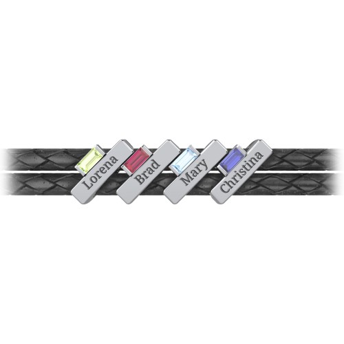 Engravable Sterling Silver Bar & Baguette Leather Bracelet - 4 – Sterling Silver with Peridot, Ruby, Blue Topaz, and Blue Sapphire