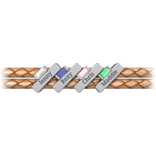 Engravable Sterling Silver Bar & Baguette Leather Bracelet - 4
