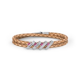 Engravable Sterling Silver Bar & Baguette Leather Bracelet - 4 in 925 Sterling Silver with Ruby