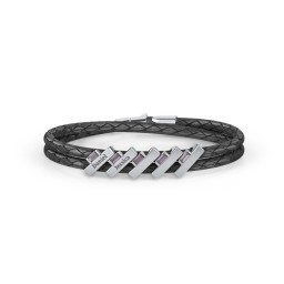 Engravable Sterling Silver Bar & Baguette Leather Bracelet - 5 in 925 Sterling Silver with Alexandrite